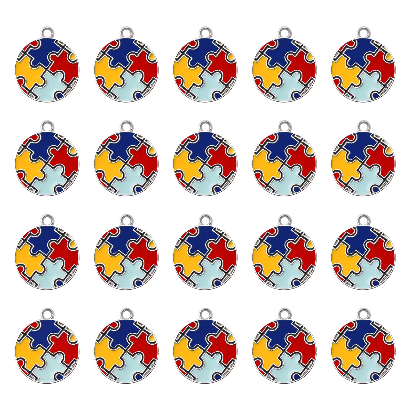 WANDIC Round Autism Awareness Charms, 20 pieces Autism Charm Pendants with Semi-opening Rings Puzzle Design Charms for DIY Necklace Keychain Bracelets