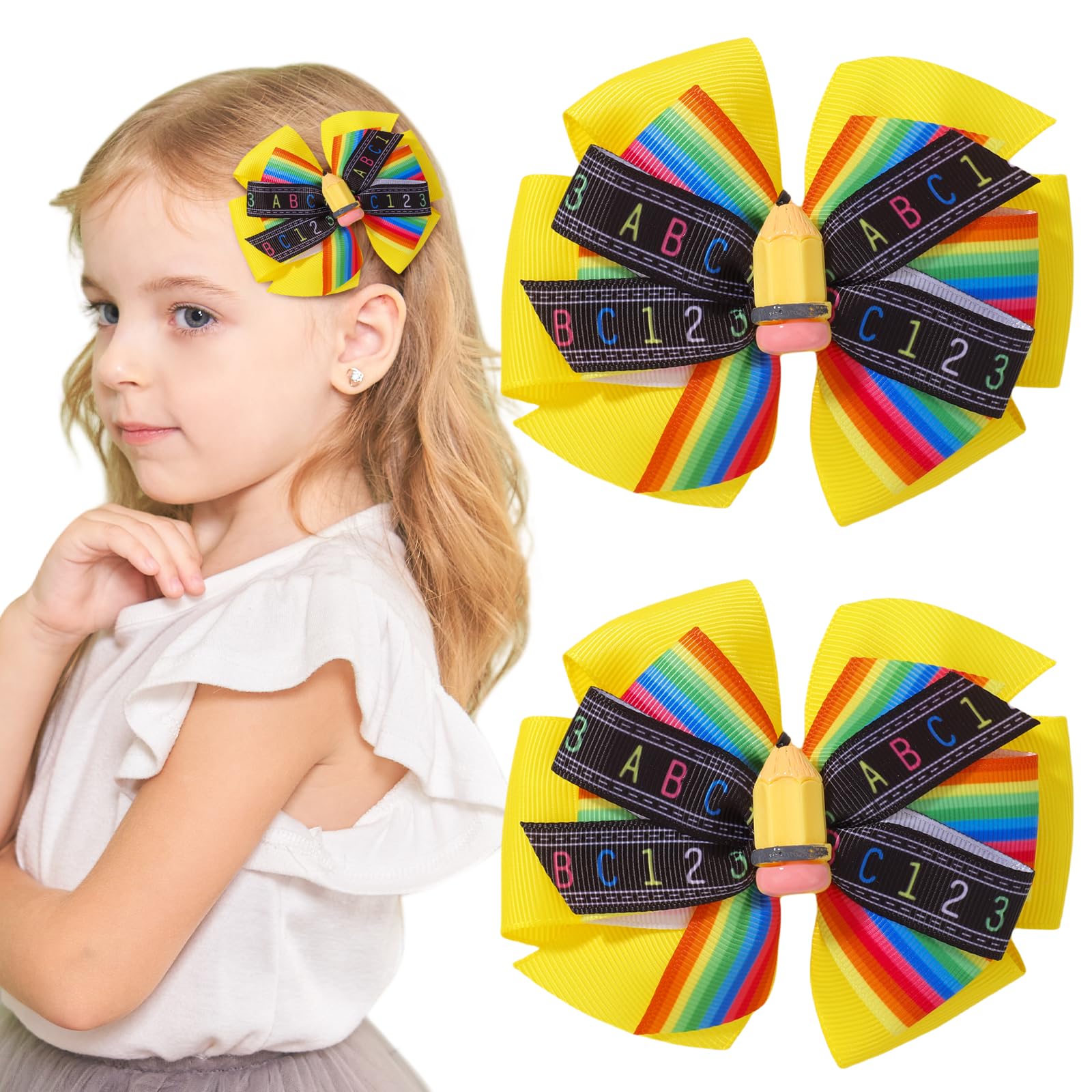 Photo 1 of Back to School Bow Hair Clip, ABC 123 Pencil Rainbow Clips First Day of School Accessories for Kids, Toddler & Preschool Girls?2PCS?