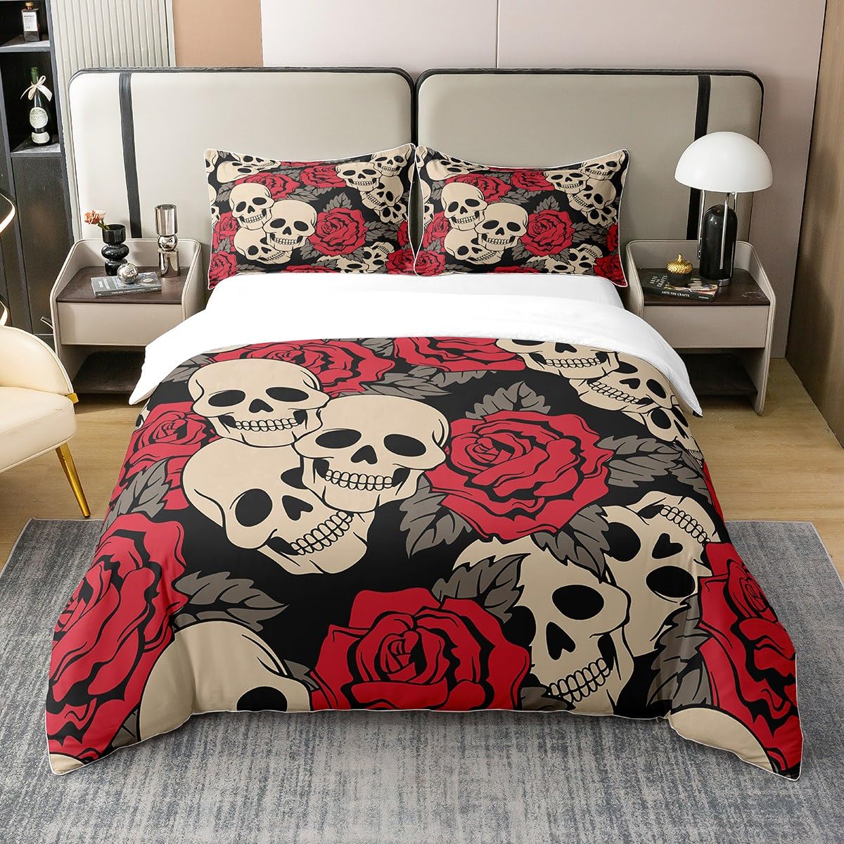 Sugar Skull 100% Cotton Duvet Cover Double,Red Floral Comforter Cover,Gothic Skull Print Bedding for Kids Boys Girls Teens Adult,Horror Skeleton Bones Quilt Cover with 2 Pillow Cases Halloween Decor