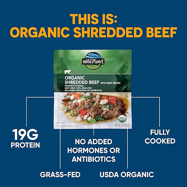 WILD PLANET USDA ORGANIC SHREDDED BEEF WITH BEEF BROTH AND SEA SALT, 3 OZ POUCH (PACK OF 1), PACKAGING MAY VARY