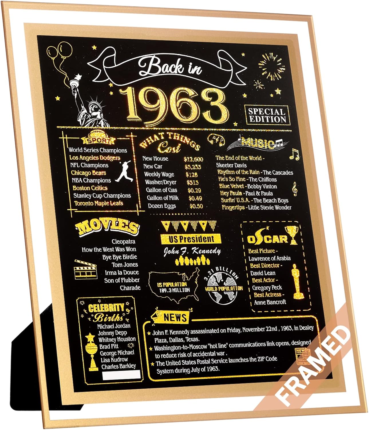 Wall Décor - FALAMON Framed 60th Birthday Gifts for Men or Women, 8x10 Inch Birthday Decorations Anniversary Poster, 60 Year Old Birthday Card Party Supplies Gifts for Wife Husband, Back in 1963