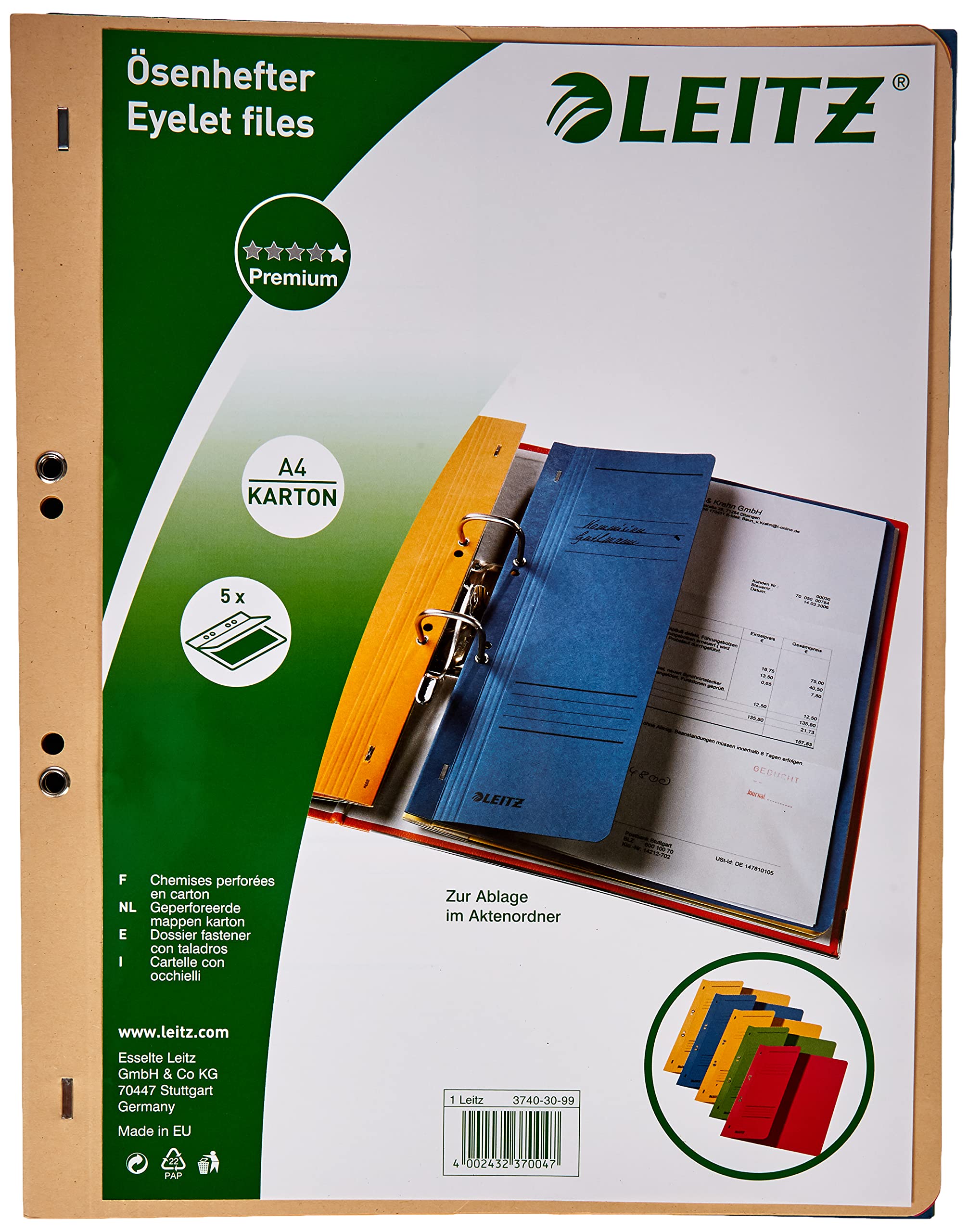 Leitz Eyelet Folders (1/2 Front Cover, A4, Kfm. Filing, Manila Cardboard, Assorted) Pack of 5