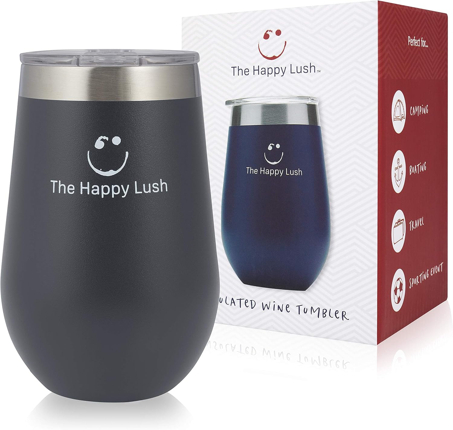 The Happy Lush Stainless Steel Wine Tumbler With Spill Proof Lid 8 Oz Stemless Wine Glass Tumbler Black Straw Friendly Lid Double Wall Vacuum Insulated Travel Tumbler Outdoor Wine Cup 2 Pack Tumblers