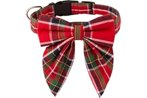 ADOGGYGO Christmas Dog Collar with Bow, Adjustable Cotton Red Green Plaid Bowtie Dog Christmas Collars for Small Medium Large Dogs Pets (Large, Xmas)