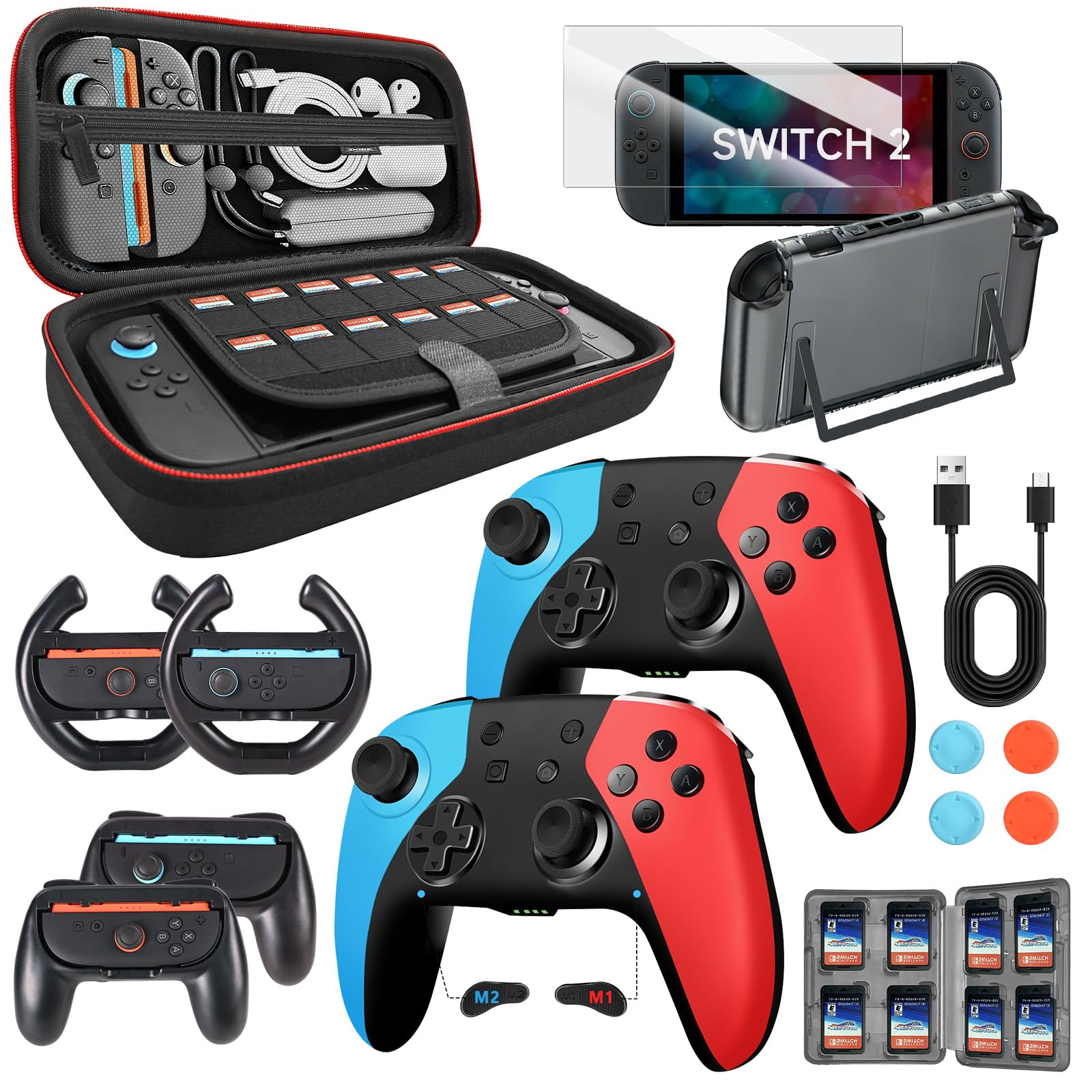 AceGamer Pro Hall Effect Controllers Accessories Bundle for Nintendo Switch 2 17-in-1: Carrying Case, Screen Protector, Grip for Switch 2 Joycons, Steering Wheel, Thumbs, Dockable Protective Cover Shell, Card Case