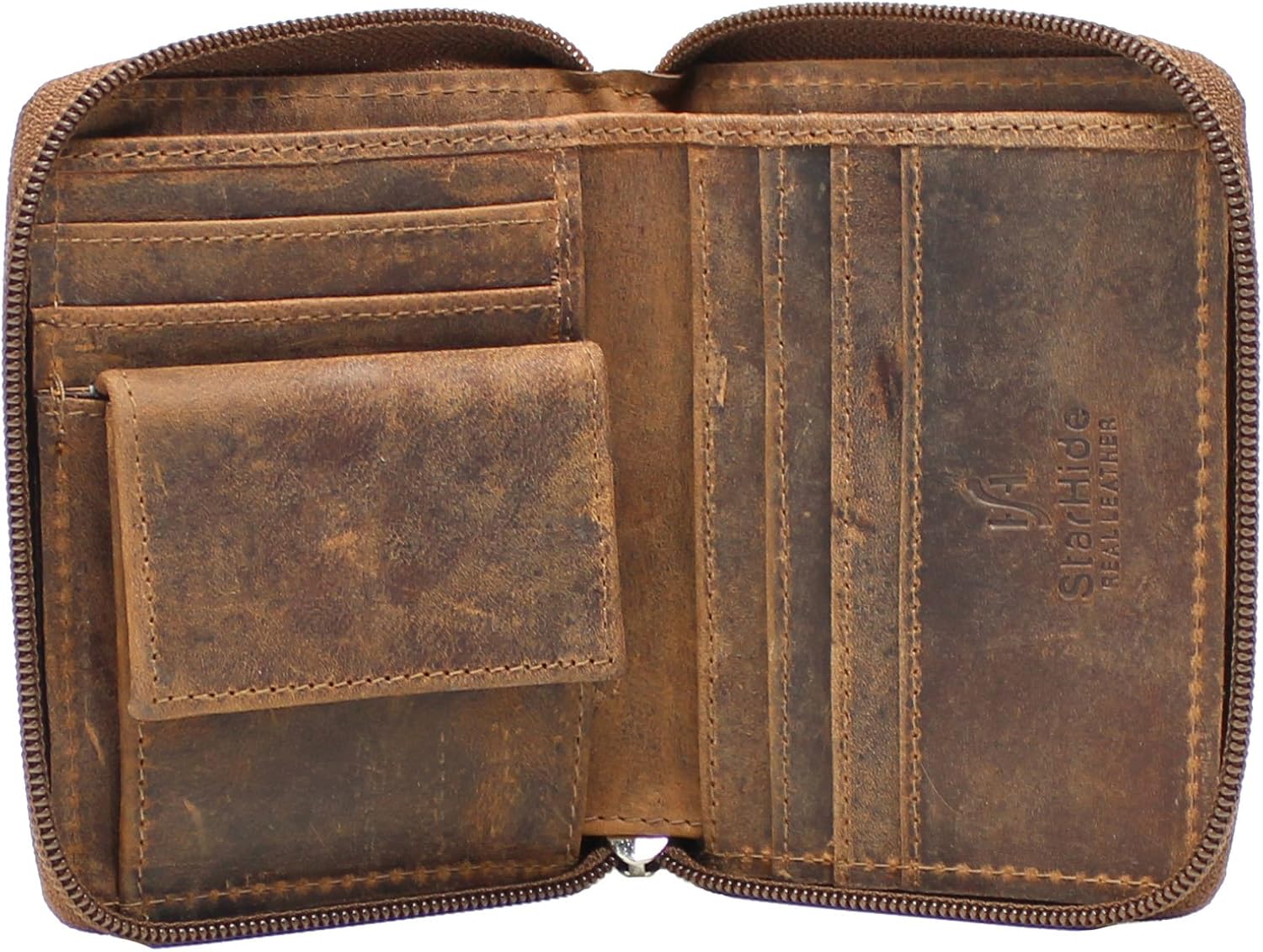 STARHIDE Mens RFID Blocking Full Zip Around Distressed Hunter Leather Coin Pocket Wallet 720 (Brown), Camel Brown, 9.5 cm x 12 cm