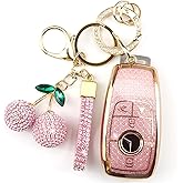 Rayslesan Sparkly Key Fob Cover with Cherry Keychain, Bling TPU Smart Key Case for Women, Compatible with Benz E, S, C, G, A Class CLA CLS GLA GLC GLE GLS SLC SL GLK GL SLK GT (4-Button, Gold Pink)