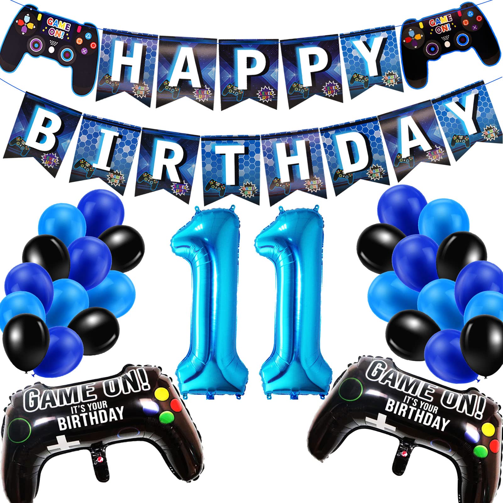 SUHANIOP 11th Birthday Decorations for Boys, Gaming Theme Party Decorations for Gamer Fans, Happy Birthday Banner Game Controller Balloons Black Blue Balloons for Kids Party Supplies