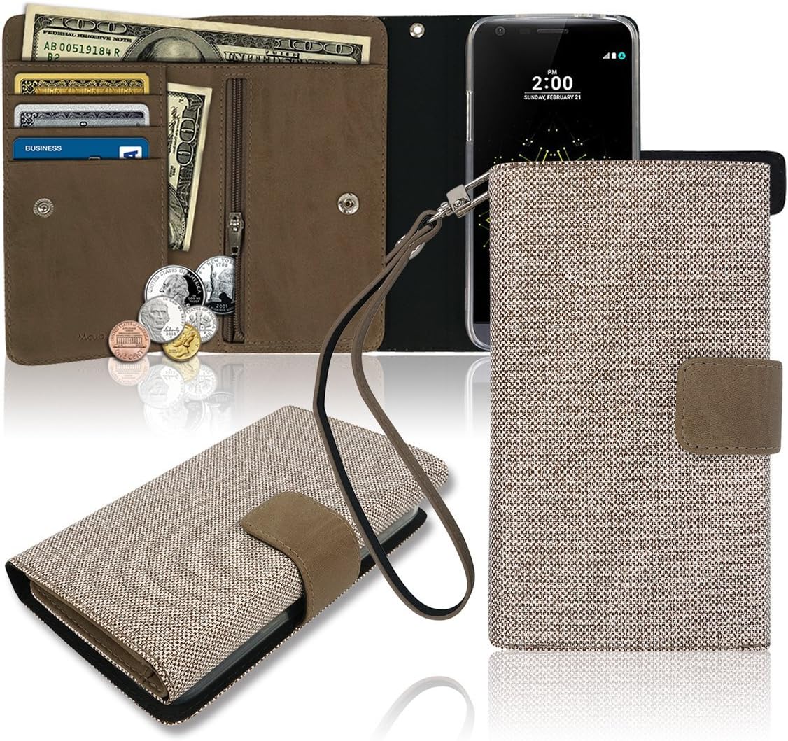 LG G5 Wallet Case, Zipper [3 Credit Card / ID / Cash / Coin] Pockets Wrist Strap, TPU Jelly PU Leather Cellular Cellphone Mobile Phone Flip Diary Cover Small Mini Size Pouch Clutch Bag LGG5 (Brown)