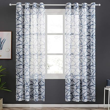 Topfinel Lot De 2 Rideaux Voilages Motif Rayures Géométriques à Oeillets Rideaux Decoration Pour Salon Chambre Cuisine140x240cmbleu Marine