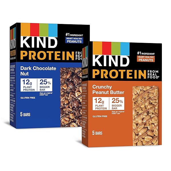 KIND PROTEIN SNACK BAR, VARIETY PACK, DARK CHOCOLATE NUT AND CRUNCHY PEANUT BUTTER, HEALTHY SNACKS, GLUTEN FREE, 12G PLANT PROTEIN, 10 COUNT