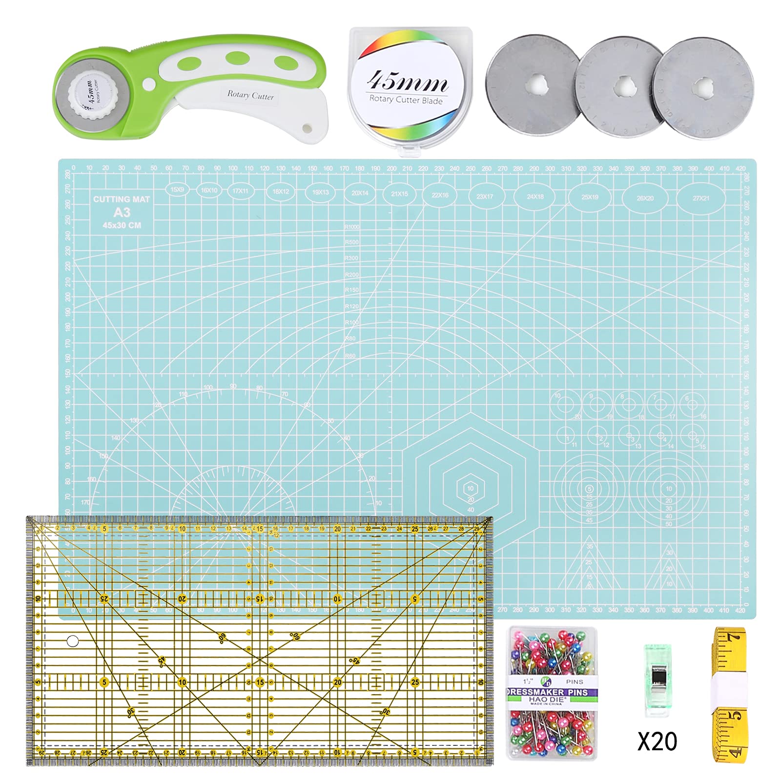 INTLMATE A3 Cutting mat Set Fabric Cutter Tool Kit Including 17inches self-Healing Cutting mat,45mm Rotary Cutter with 3 Replacement Blades,Acrylic Quilting Ruler,Patchwork Ruler,20 Clips,100 pins