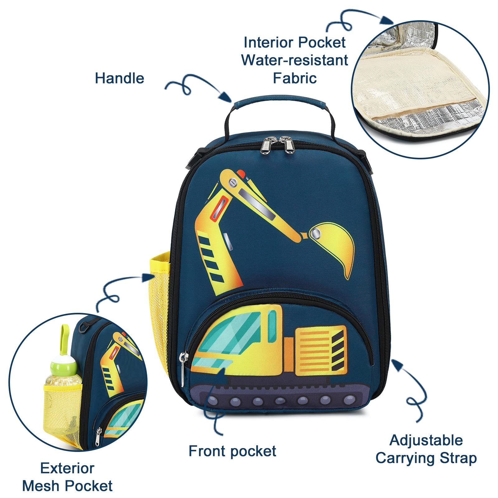 BTOOP Lunch Box Kids for Boys Insulated Lunch Bag Cute Reusable Thermal Meal Cooler Tote Bags with Removable Shoulder Strap for School Travel