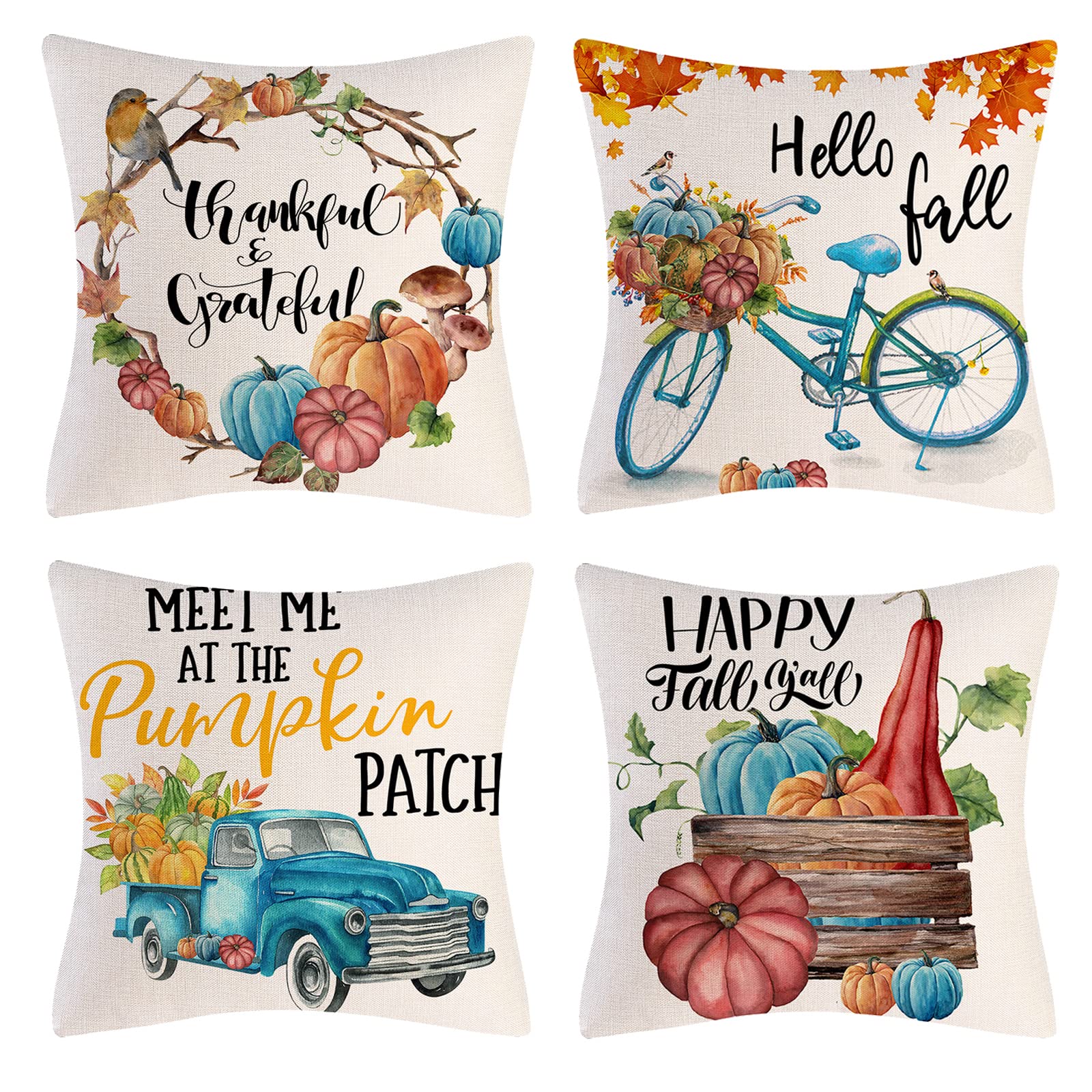 OCEUMACO Linen Cushion Covers 45 x 45 cm for Home Sofa Set of 4 Thanksgiving Hello Fall Teal Throw Pillow Cases 18x18 Decorative Autumn Pumpkin Maple Leaf Cushion Cover - Orange Turquoise