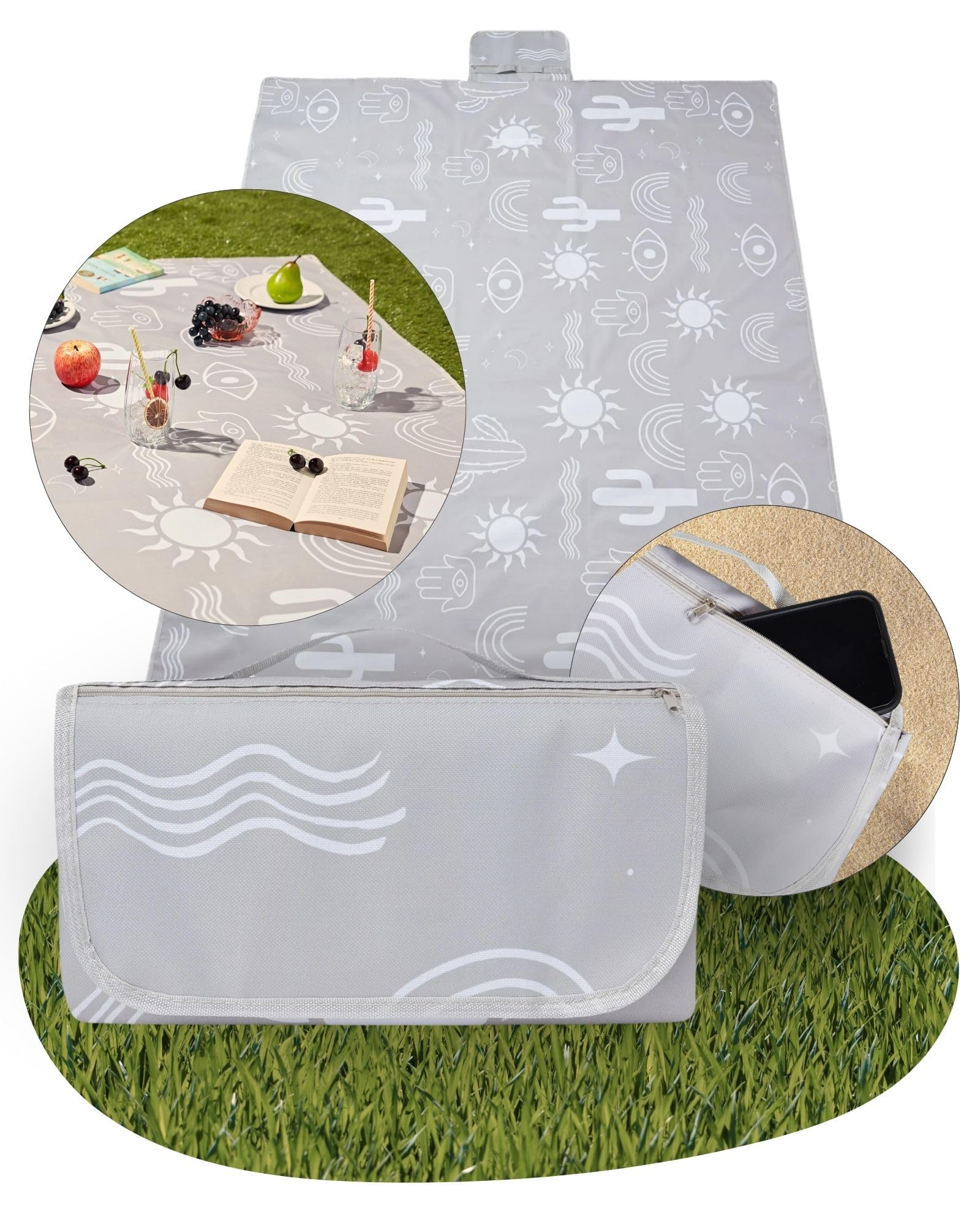 Haus Projekt Aesthetic Waterproof Picnic Blanket, 200x150cm, Foldable, Portable Picnic Mat with Carry Handle, Hidden Zip Pocket, Sandproof, Camping Accessories for Beach, Hiking, Festival Essentials