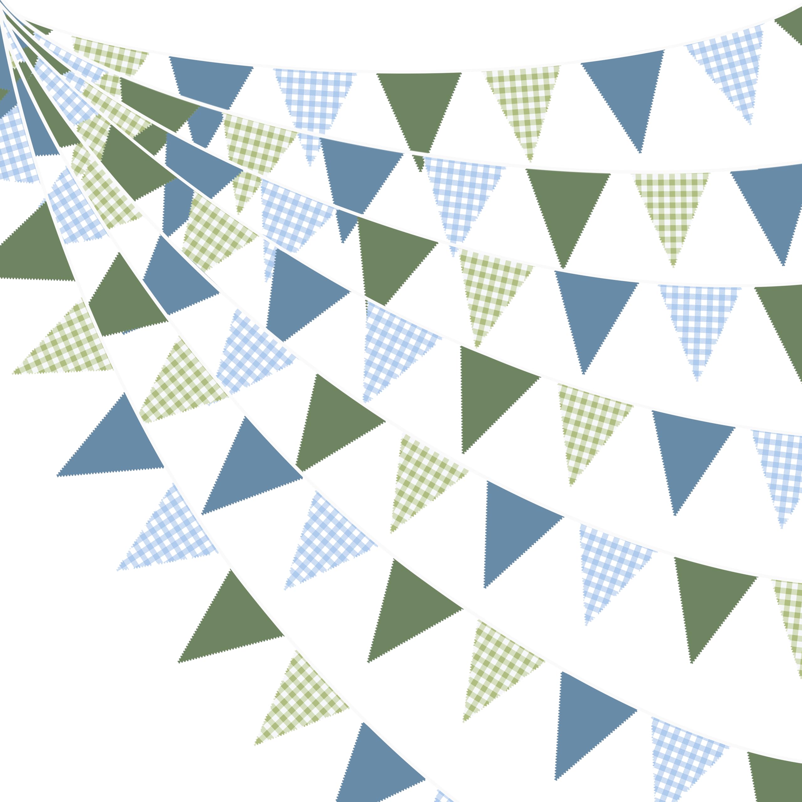 Photo 1 of 32Ft Blue Green Party Decorations Dusty Blue Sage Green Gingham Fabric Triangle Banner Flag Plaid Pennant Garland Streamers for Hole in One Birthday Baby Shower Masters Golf Graduation Decor Supplies