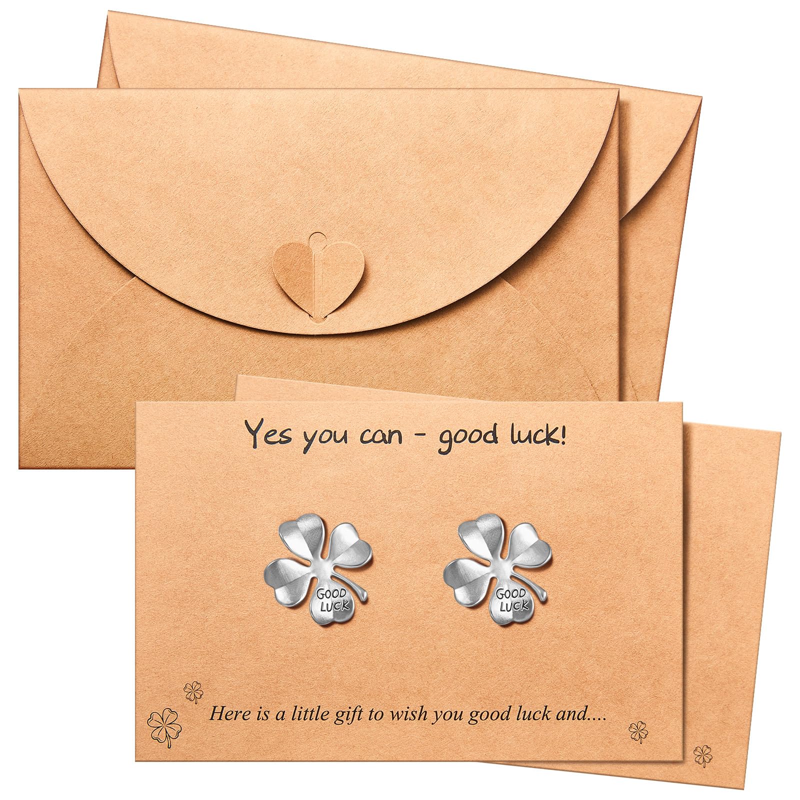 2 Set Good Luck Card Brown Kraft Good Luck Card with Four Leaf Clover Charm and Matching Heart Envelope Gift for Graduation Coworkers Friends Going Away Retirement New Job