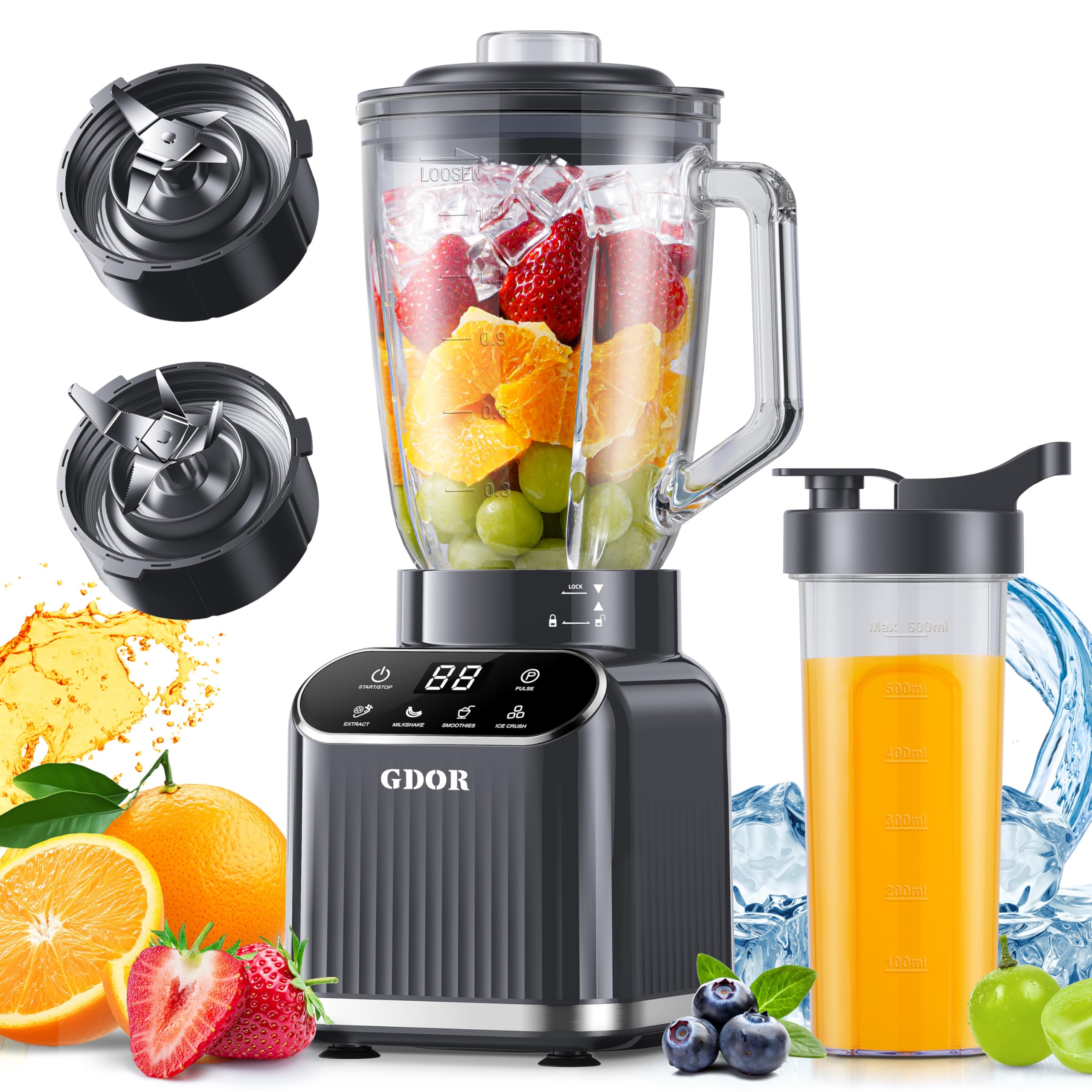 Photo 1 of **FOR PARTS ONLY** GDOR Professional Blender for Smoothies, 5 Functions, 1200 Peak Watts Smoothie Blender, 52 Oz Glass Jar & 24 Oz To-Go Cup Combo, Blenders for Smoothies, Ice and Frozen Fruit, Self-Cleaning, Gray