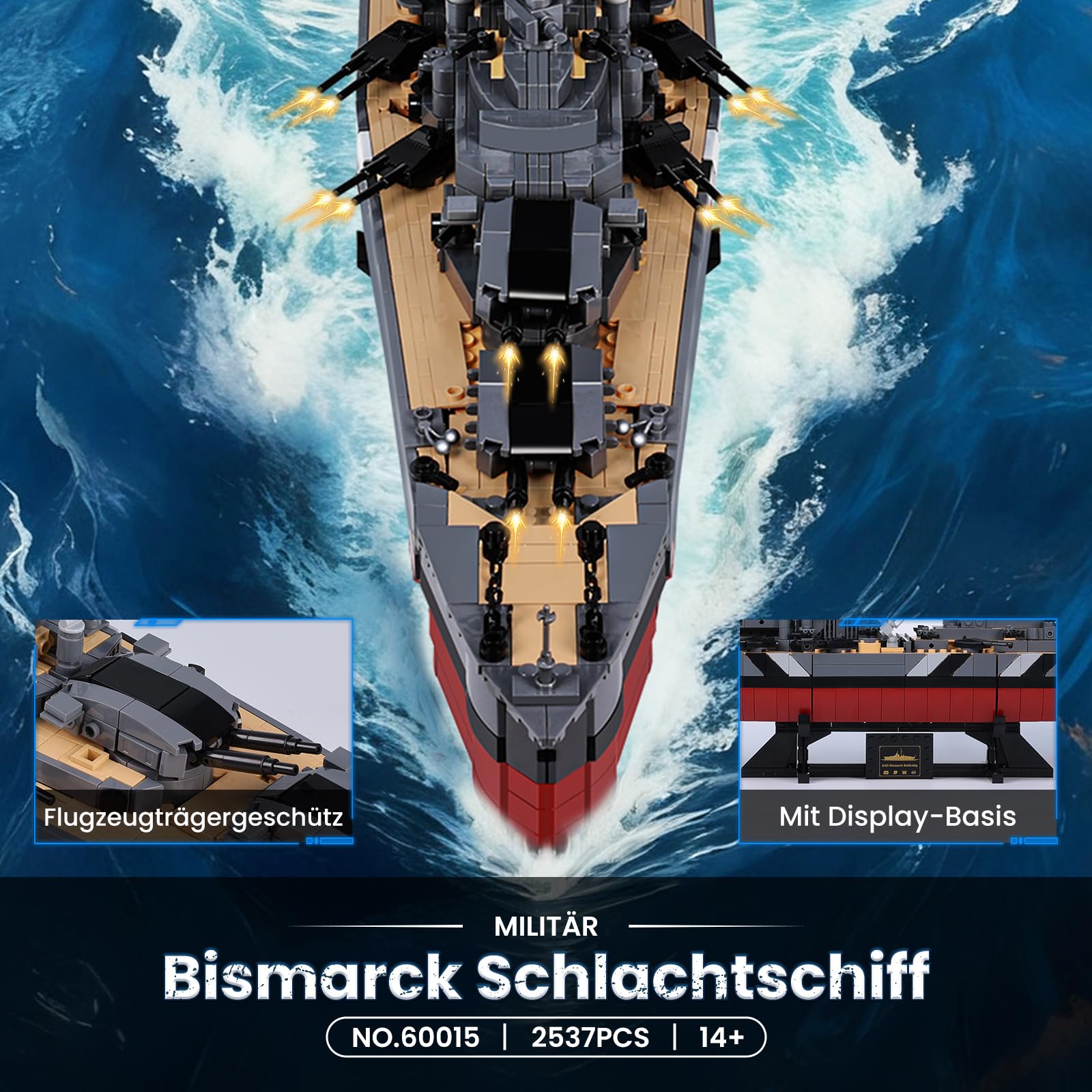 JMBricklayer Bismarck Schlachtschiff Klemmbausteine Bausatz 60015, 2537 Teile WWII Kriegsschiff Modell für Erwachsene, MOC Deko für Zuhause & Büro, Geschenk für Jungen & Männer ab 14 Jahren 2