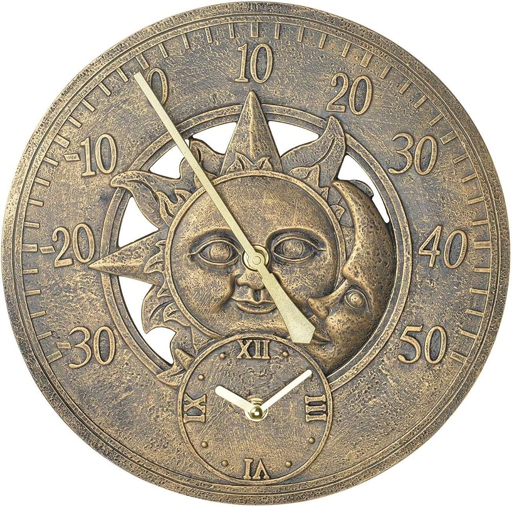 Trintion Garden Thermometer Clock Bronze 30cm Vintage Style Weatherproof