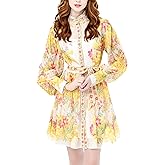 LAI MENG FIVE CATS Women's Floral Print Lantern Sleeve Ruffle Casual Button Belted Thin Loose Fit Mini Dress
