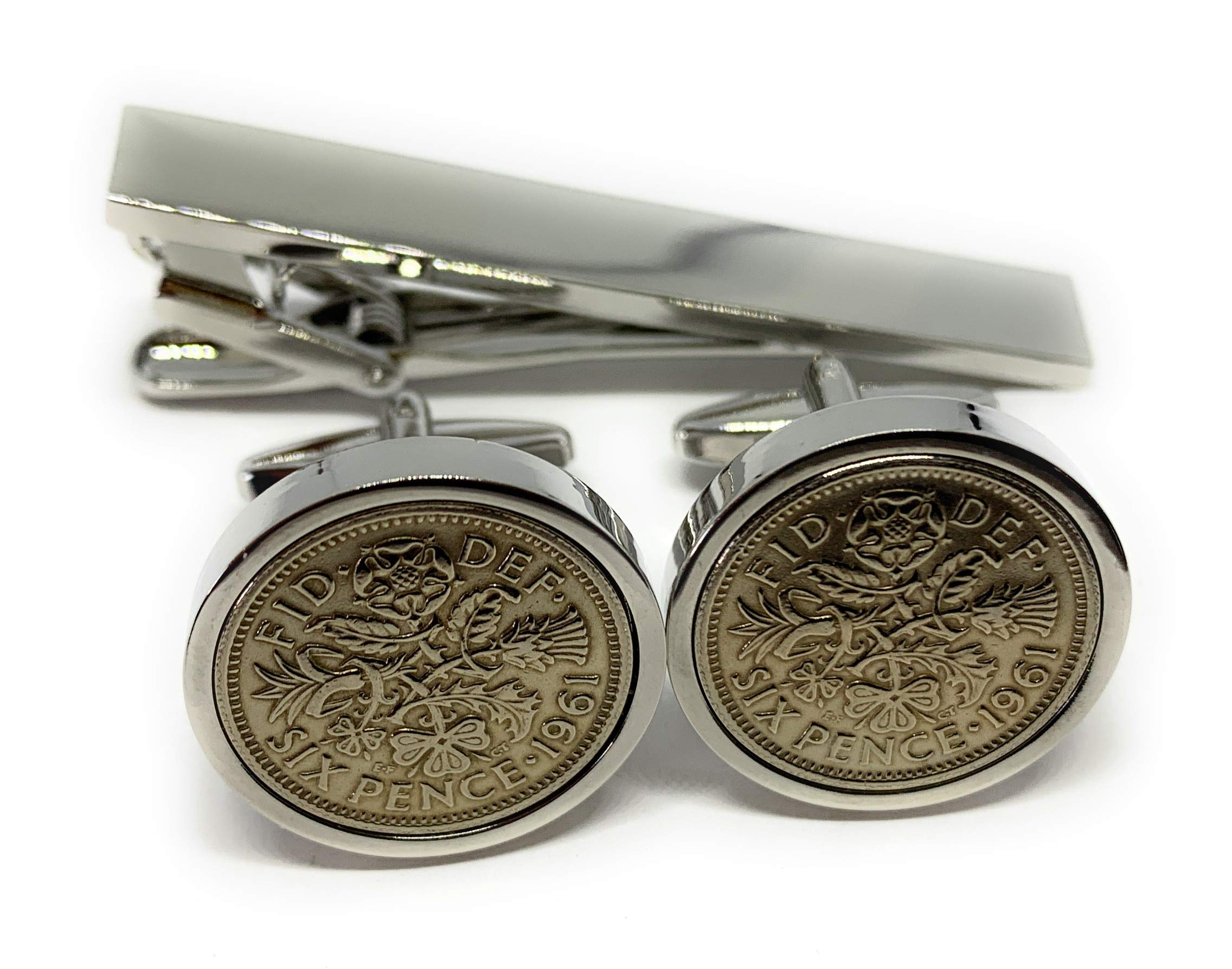 Premium 1961 Lucky sixpence cufflinks for a 65th Birthday cufflinks and Silver Plated Tie Clip Set