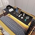 HWB Over Bed Desk with Auto-Sensor LED Lights,Over Bed Table with Wheels Adjustable Height with Charging Station,Beside Table,Rolling Tray Table for Laptop and Writing for Living Room,Black