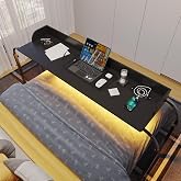HWB Over Bed Desk with LED Light, Wheels &amp; Charging Station, Black | Auto-sensor 3 Color LED light, Adjustable height, Smooth rolling wheels