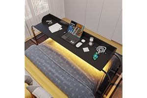 HWB Over Bed Desk with Auto-Sensor LED Lights,Over Bed Table with Wheels Adjustable Height with Charging Station,Beside Table,Rolling Tray Table for Laptop and Writing for Living Room,Black