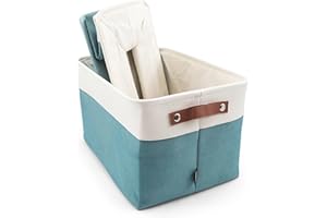 HYGGE PLUS HYGGE + Linen Storage Bin Basket 15.8" x 12.5" x 10" Durable fabric & lightweight design. Great for storing toys, books, linens, games, clothing, baby products & more! (2 PACK, WHITE/TURQUOISE)