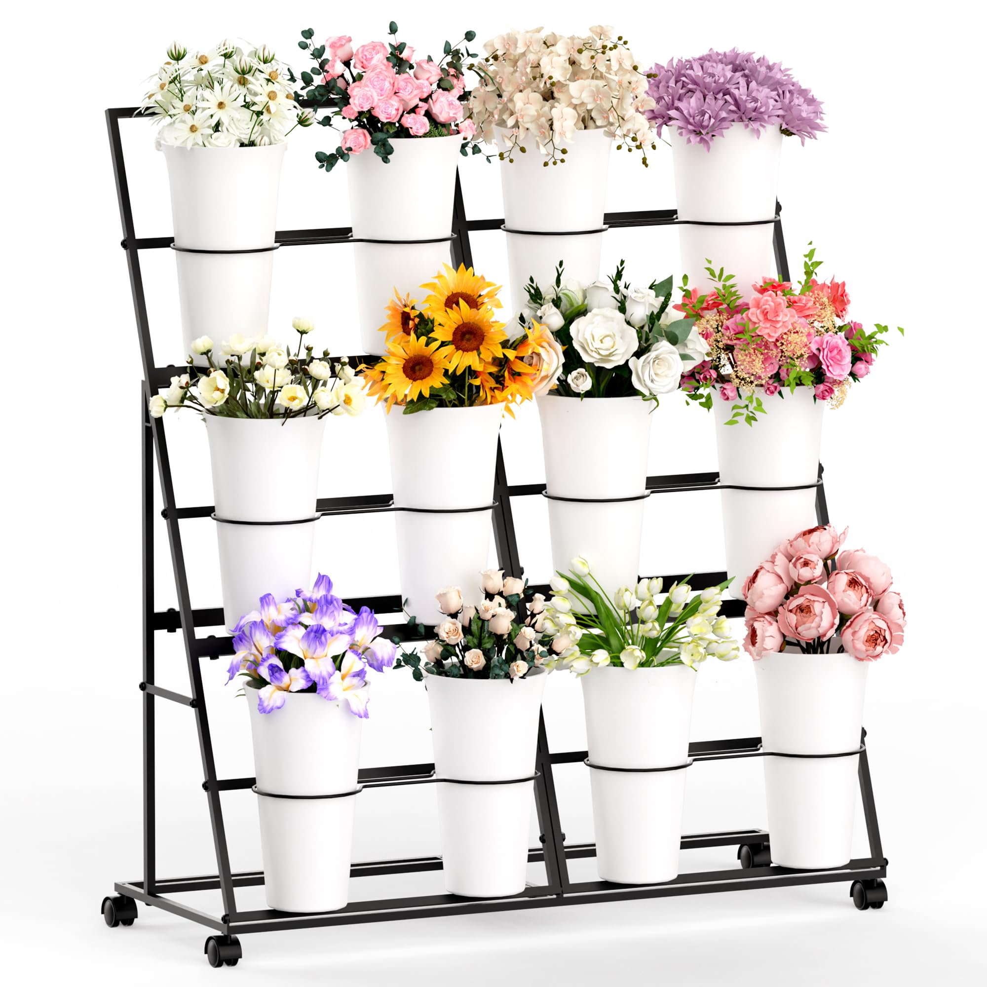 Photo 1 of Invech Flower Display Stand with 12 Buckets and Wheels, 3 Tier Flower Cart Display Stand for Indoor Outdoor Garden, Wedding, Flower Shop (Black)