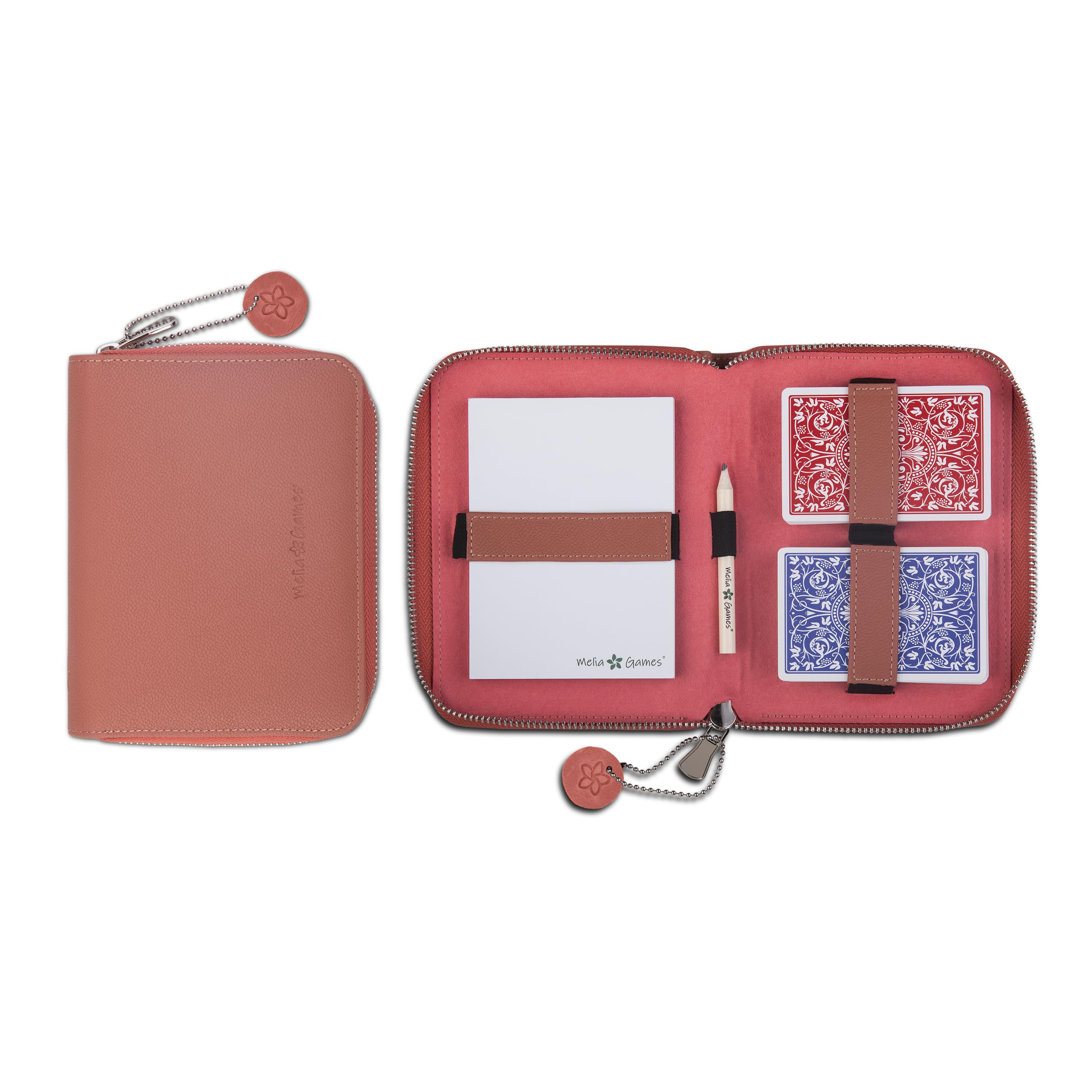 Melia Games Deluxe Playing Card Set - Exclusive Card Case Made of Finest Leather - Complete Set Including 2 Playing Card Decks, Notepad and Pencil (Designer Edition) (Coral Red)