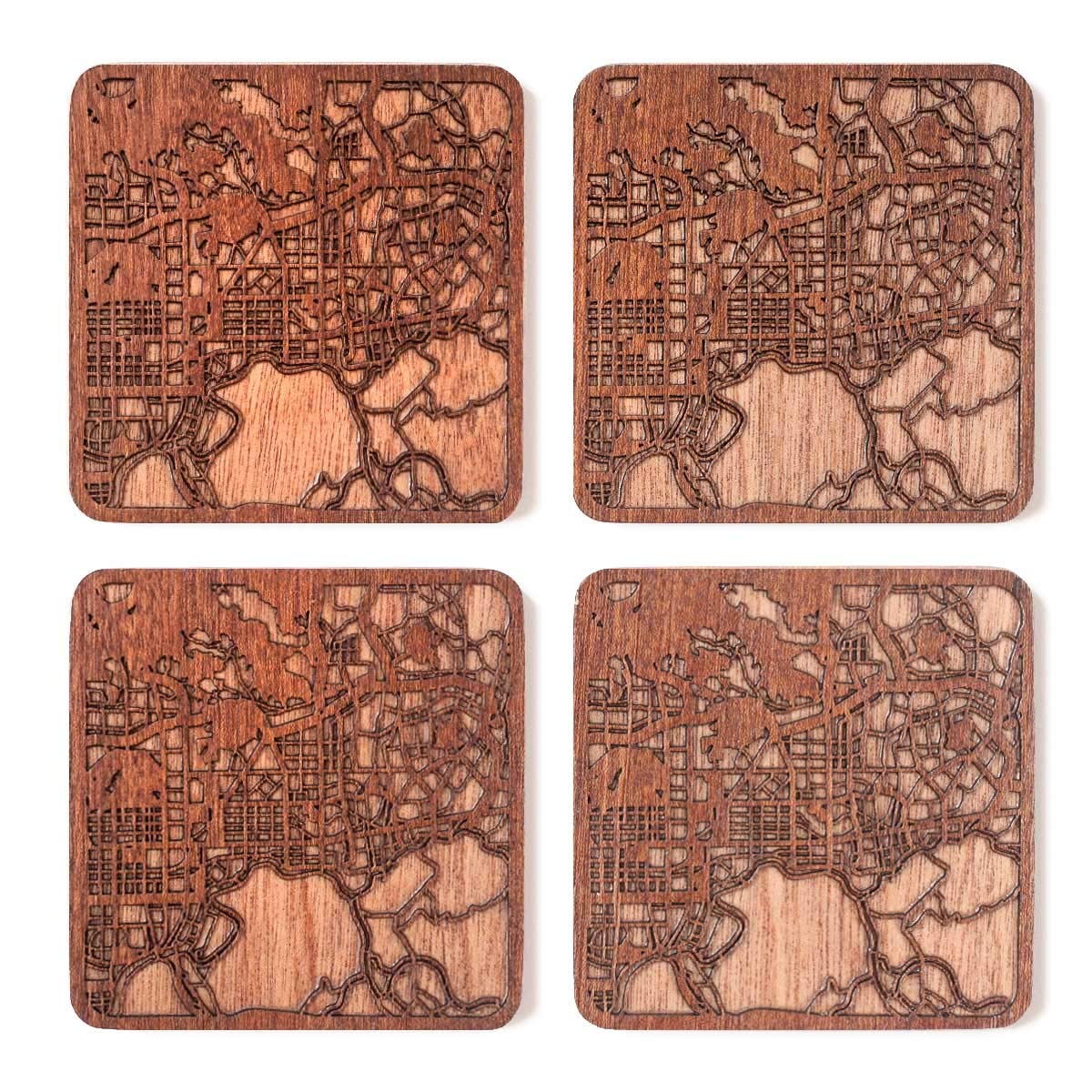 Shenzhen Map Coaster, Set of 4, Sapele Wooden Coaster with City map, Multiple City Optional, Handmade