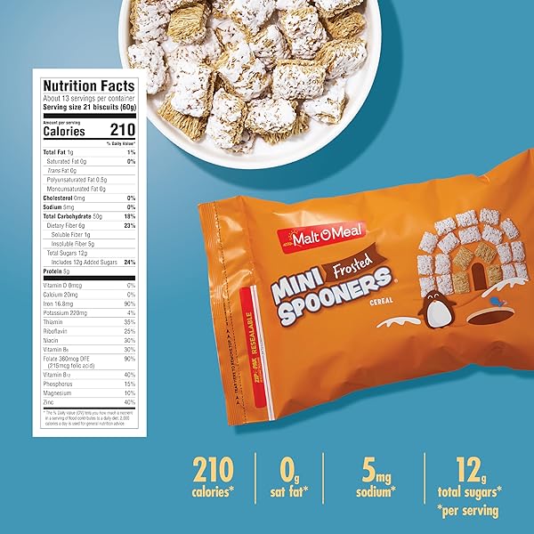 MALT-O-MEAL MINI FROSTED SPOONERS BREAKFAST CEREAL, SWEET FROSTED-WHEAT SQUARES, FAMILY BULK SIZE 27 OZ RESEALABLE BAG