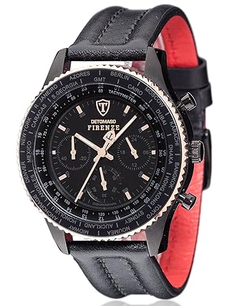 DETOMASO Firenze Mens Wrist Watch Chronograph Black Rosegold Leather Strap