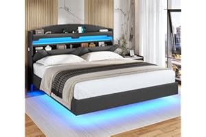 ADORNEVE Floating Bed Frame King Size with USB-C/A Charging Station, LED Bed Frame with Storage Headboard, Upholstered Platform King Bed with Shelves, Hidden Storage, Stable Structure,Dark Grey