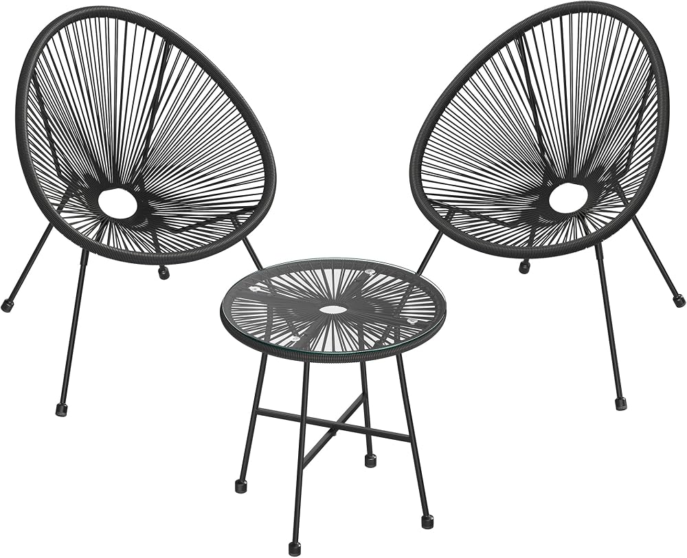SONGMICS Garden Patio Furniture Set 3 Pieces Acapulco Chair Glass Table Black