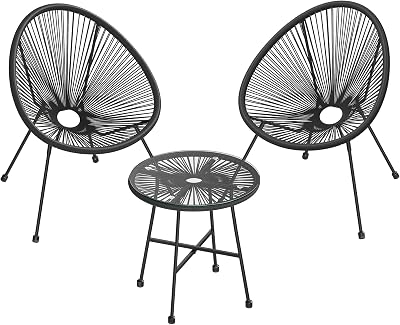 SONGMICS Garden Patio Furniture Set 3 Pieces Acapulco Chair Glass Table Black