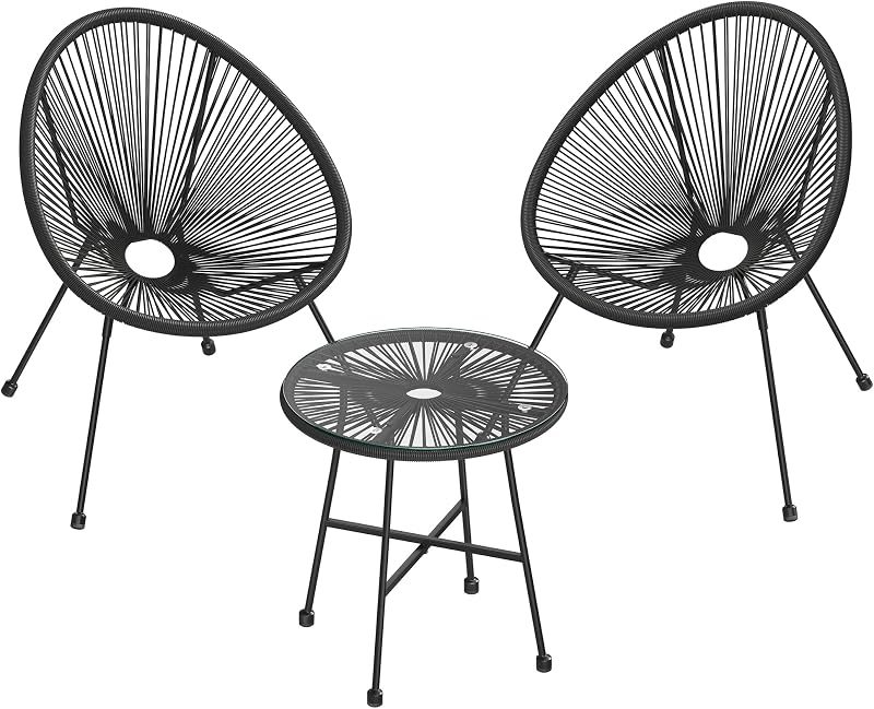 SONGMICS Garden Patio Furniture Set 3 Pieces Acapulco Chair Glass Table Black
