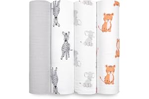 aden + anais Essentials Muslin Swaddle Blankets for Baby Girls and Boys, Newborn Receiving Blanket for Swaddling, 100% Cotton Baby Swaddle Wrap, 4 Pack, Safari Babes