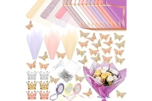 Qilery 334 Pcs Flower Wrapping Paper Set,153 Waterproof Floral Bouquet Wrapping Paper,72 3D Gold Butterfly Decoration,100 Pins, 6 Crowns and 3 Ribbons for DIY Craft(Adorable Color)