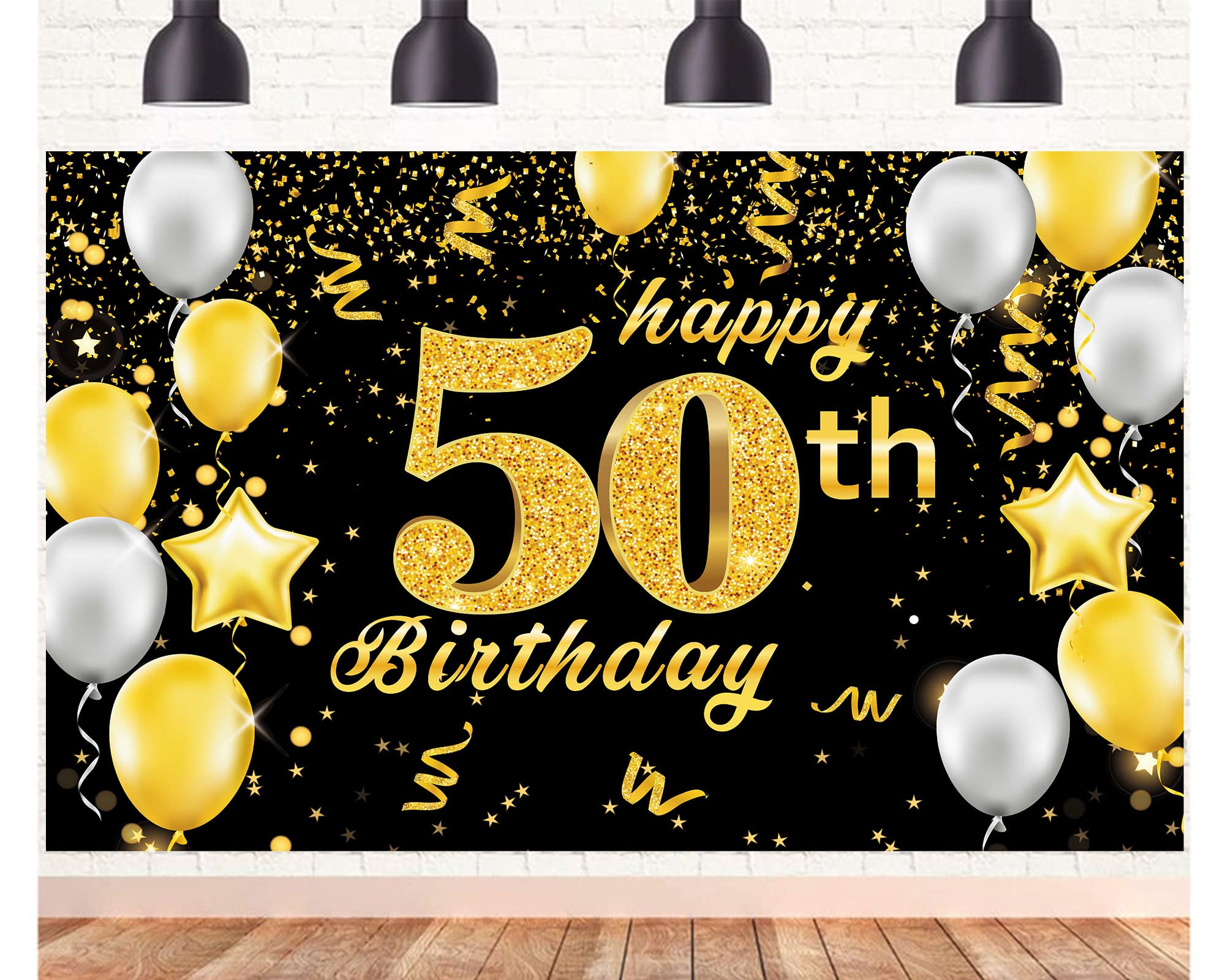 Happy 50th Birthday Banner,50th Birthday Decorations Black Gold,Party Backdrop Banner Fabric Banner.for Men Women 50thBirthday Photo Backdrop,Photography Background,Outdoor Garden Table Wall Decor