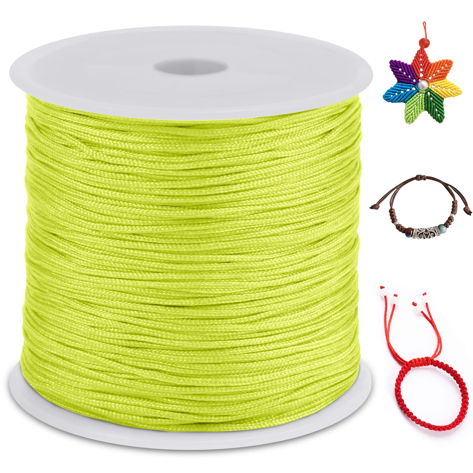 LEREATI Nylon Cord 0.8mm x 100m, Satin Cord Nylon String Macrame Cord, Coloured Beading Thread String for Making Bracelet, Necklace, Chinese Knot, Jewellery (Fluorescent Yellow)
