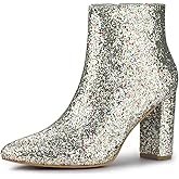 Allegra K Women's Glitter Pointed Toe Chunky Heel Ankle Boots