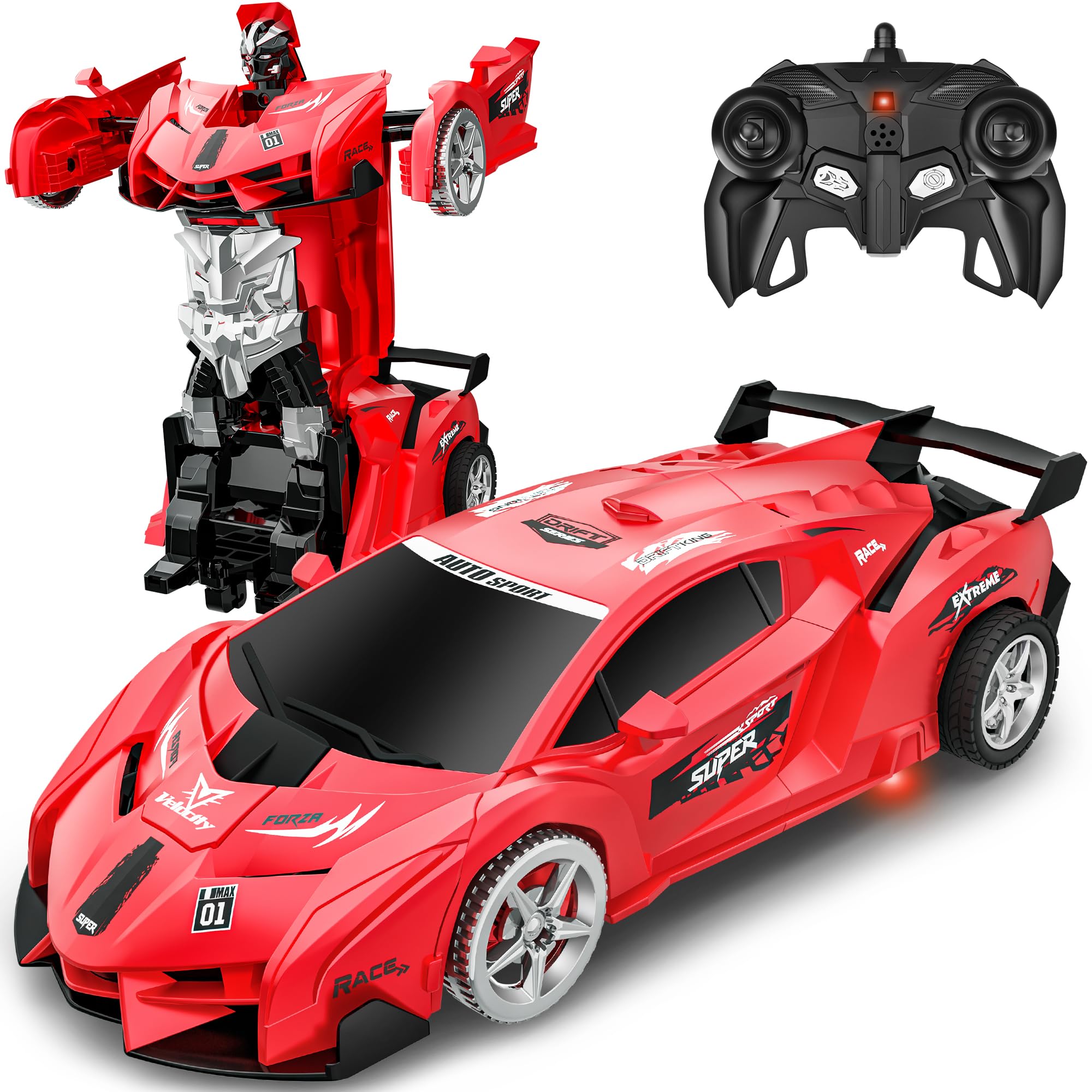 Photo 1 of Remote Control Car, Toy for 3-8 Year Old Boys, 360° Rotating RC Deformation Robot Car Toy with LED Light, Transform Robot RC Car Age 3 4 5 6 7 8-12 Years Old for Kids, Boys Girls Birthday Gifts (Red)