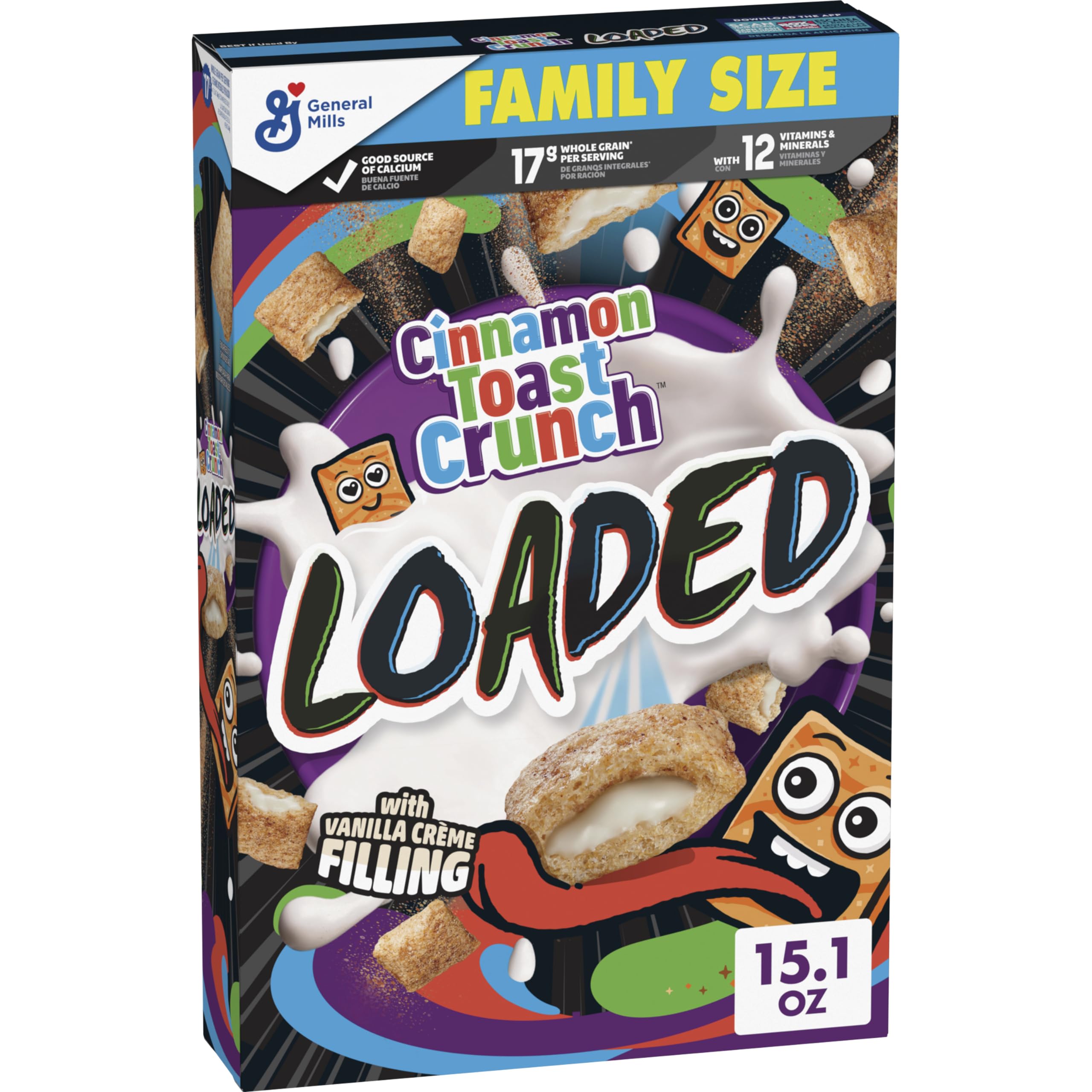 Cinnamon Toast Crunch Loaded Cereal, Cinnamon Sugar Cereal with Artificially Flavored Vanilla Crème Filling, Family Size, 15.1 oz