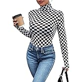 SHENHE Women's Mock Turtle Neck Checkered Long Sleeve Sheer Plaid Tshirt Bodysuit