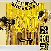 30th Birthday Decorations for Men Women, 50pcs Black and Gold Party Decorations with 30 Year Old Balloons Boxes, Happy Birthday Black Gold Banner and Sash, Fringe Curtains Party Decor