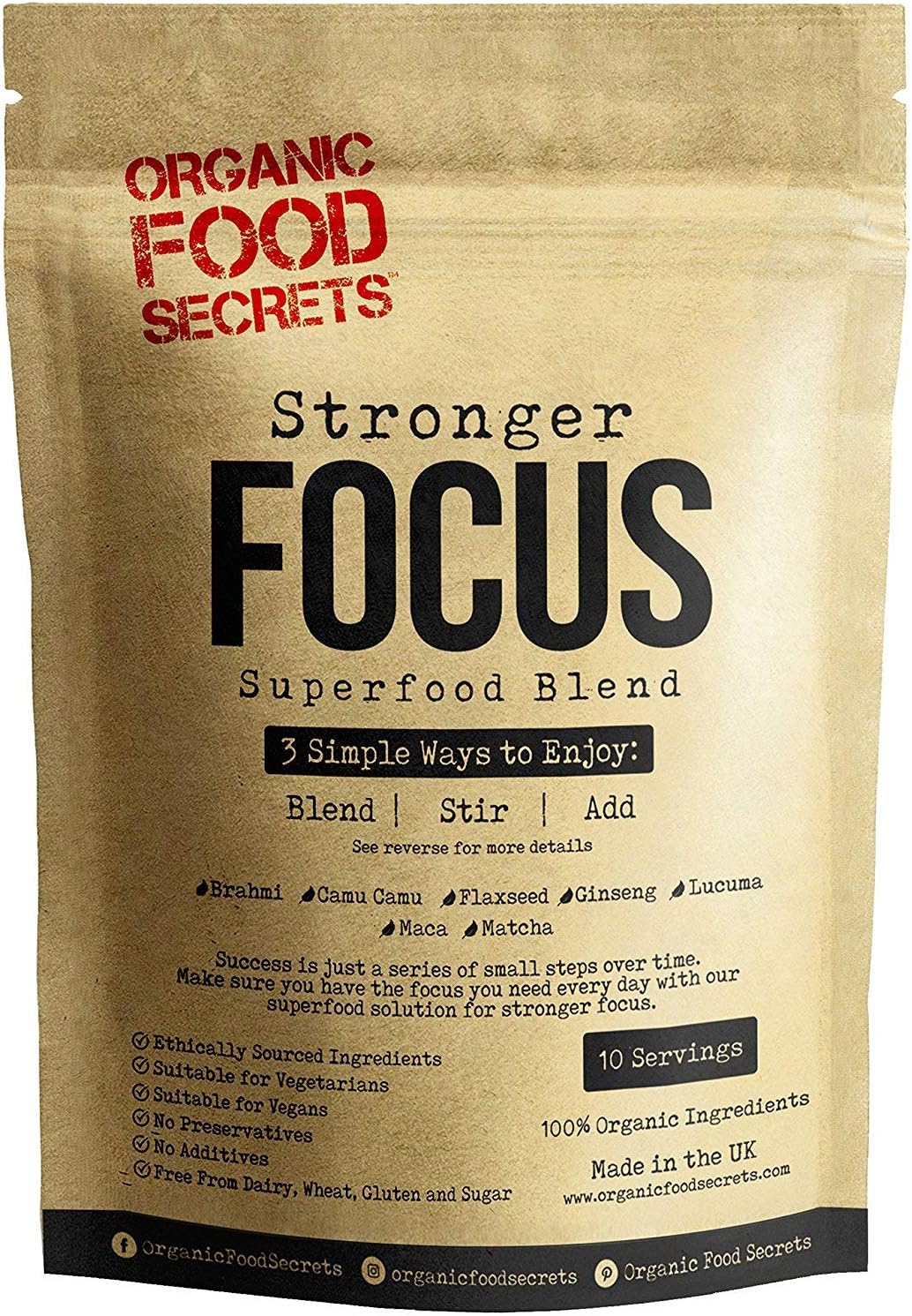 Stronger Focus Organic Superfood Powder Blend (250g), with 100% Natural Brahmi Powder, Camu Camu Berry Powder, Flaxseed, Ginseng Powder, Lucuma Powder, Maca Powder and Matcha Powder