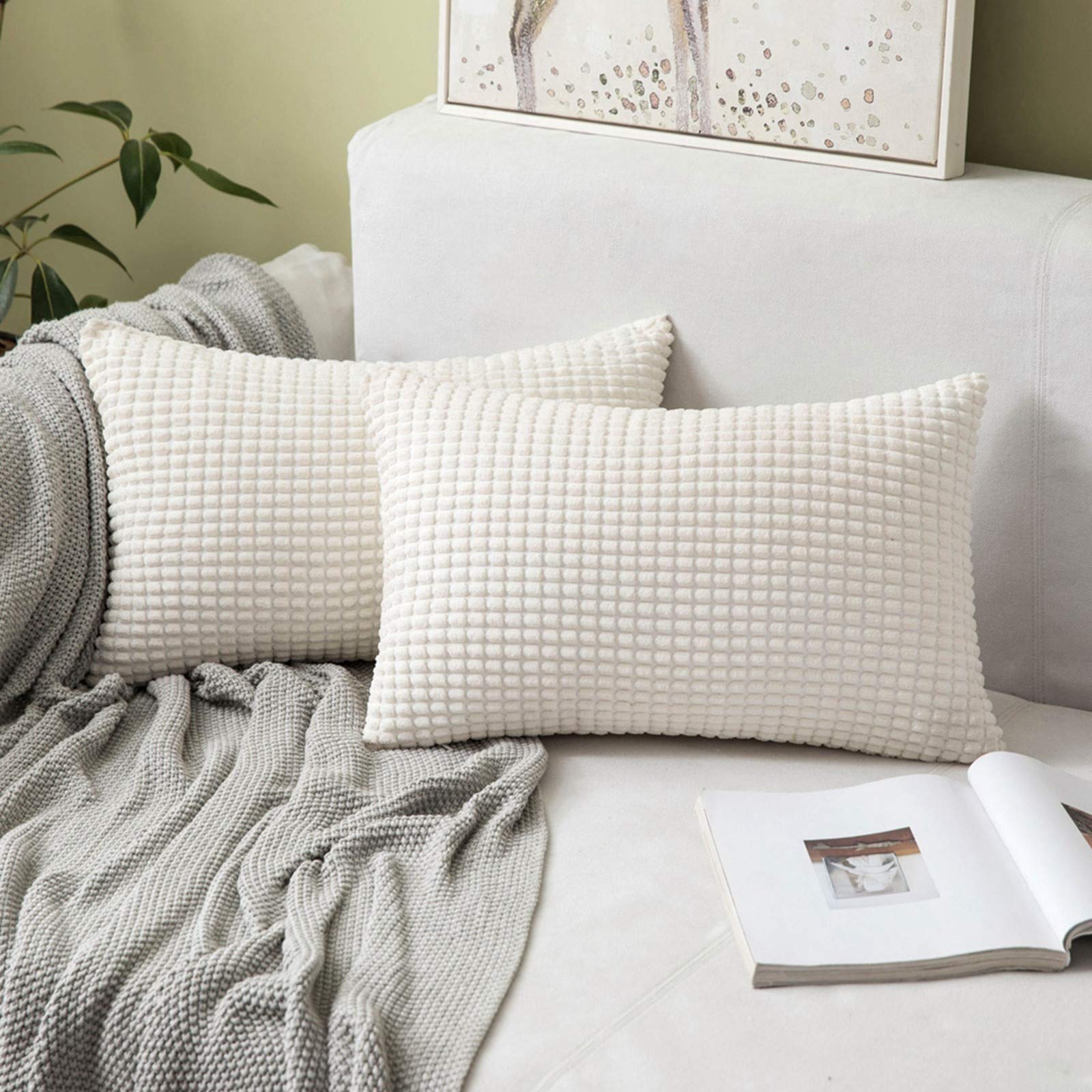 MIULEE Cushion Covers 30 x 50 cm Decorative Corduroy Cream Cushions Throw Pillow White Rectangular 12 x 20 Inches Oblong Striped Solid for Sofa Couch Home Bedroom Set of 2